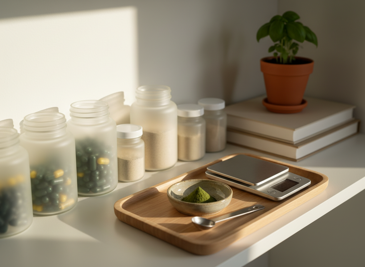 Frosted glass jars of supplements arranged with a wooden tray, kitchen scale, and measuring spoon in warm afternoon light.