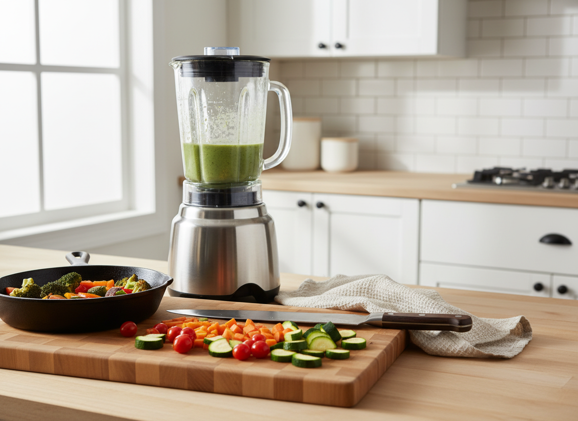 A bright kitchen with a blender, cast-iron skillet, chef’s knife, and colorful chopped vegetables on a bamboo cutting board.