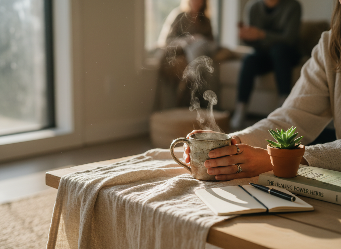Hands wrapped around a steaming mug of herbal tea beside a journal, a small potted plant, and a wellness book in soft morning light.